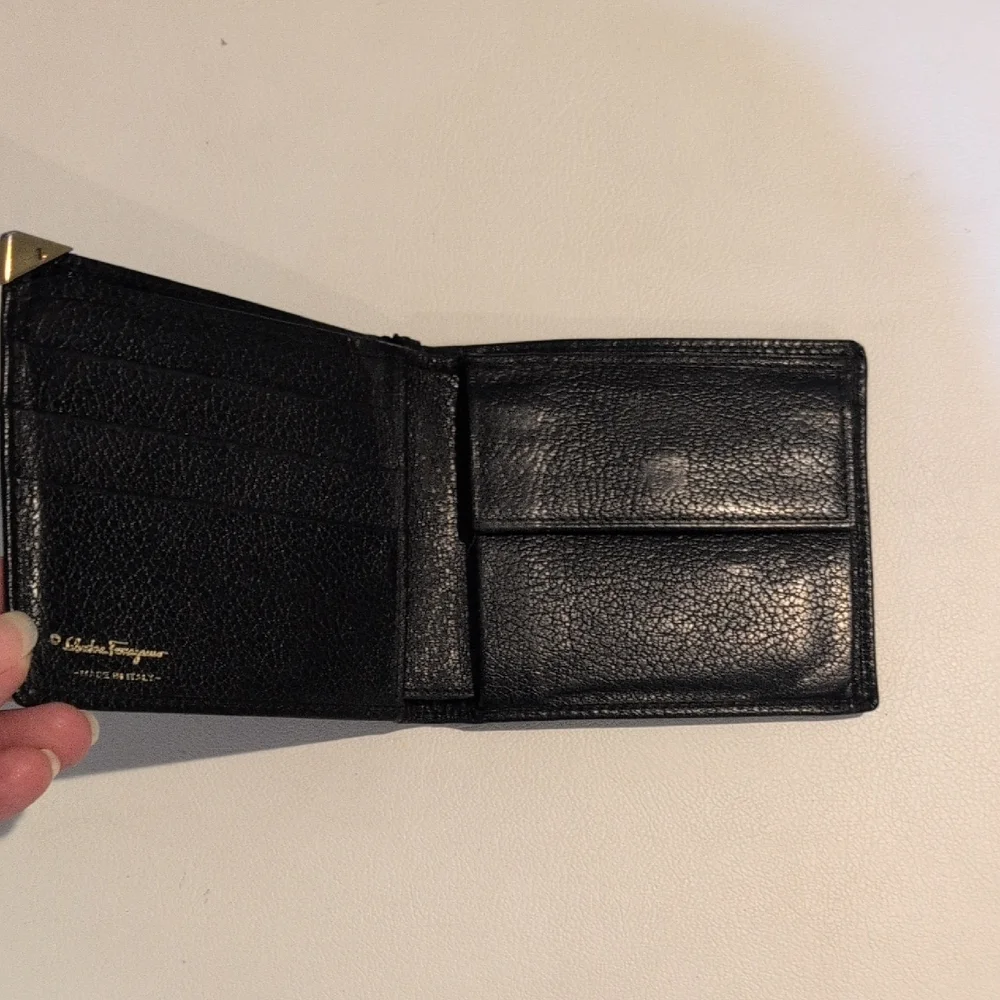 Salvatore Ferragamo Black Italain Leather Bifold Wallet With Coin Pouch